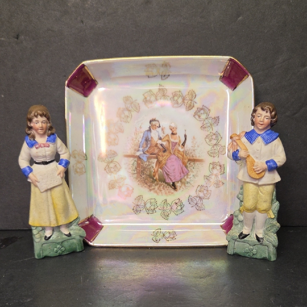 Vtg Empress Haruta Iridescent Lusterware Gold RimDish,‎  WKC German Figures